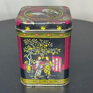 Vintage Asian Tea Tin Container Decorative Storage Box Cranes & Man‎